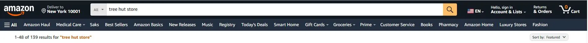 Amazon homepage showing delivery location set to New York 10001, with a search for 'tree hut store