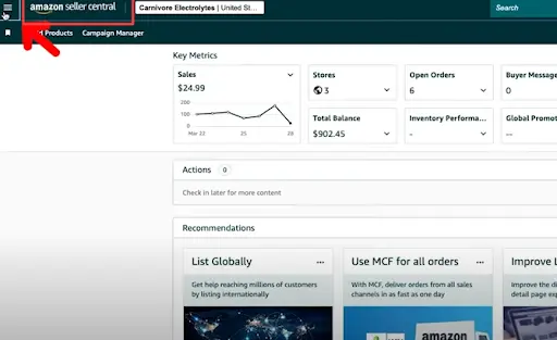 open the menu in amazon seller central