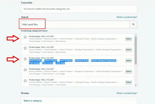 search for the product type