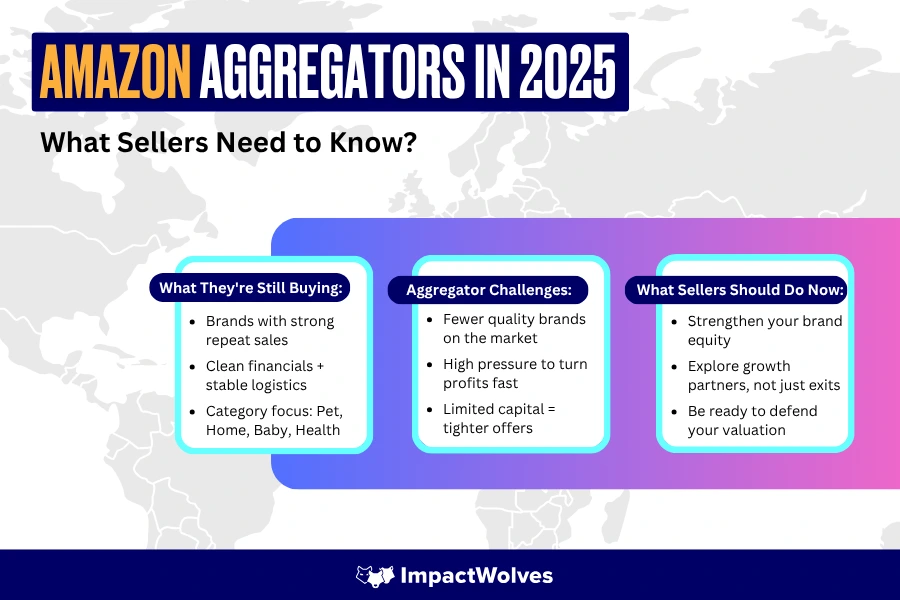 Infographic showing Amazon aggregator trends in 2025, seller tips, buying focus, and challenges from Impact Wolves.