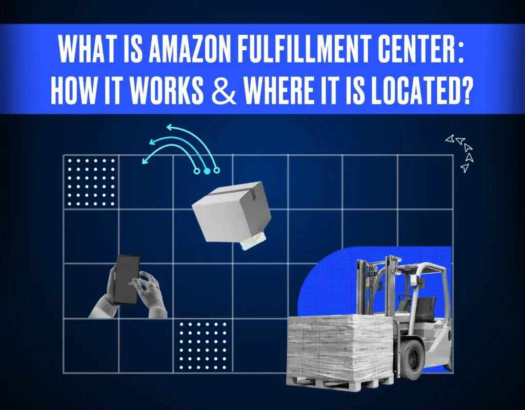 Amazon Fulfillment Center process with icons for shipping, handling, and warehouse operations