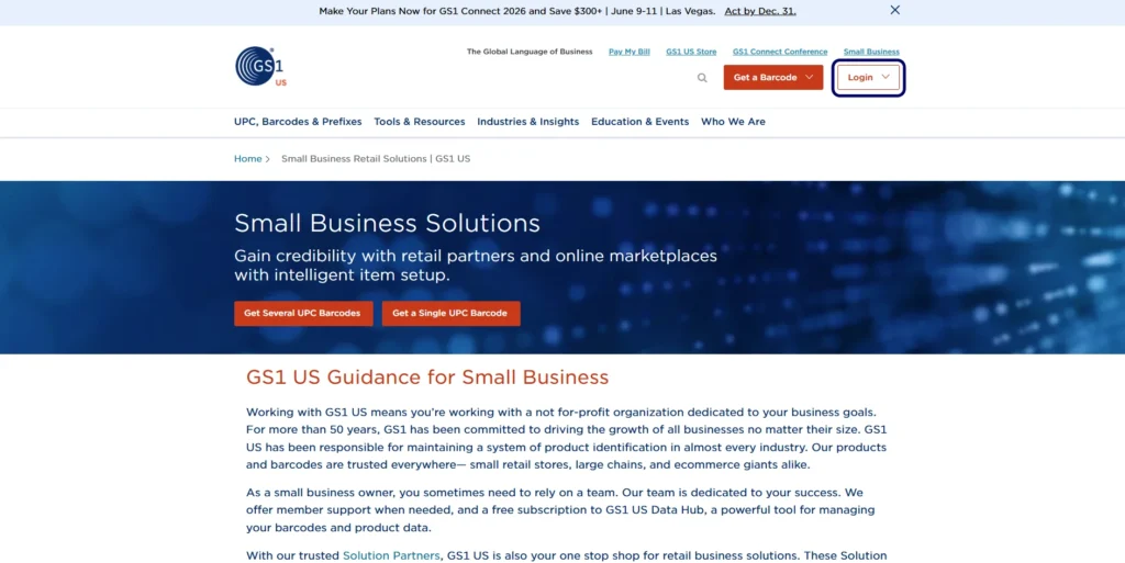 Small business barcode setup page