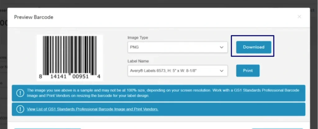 Barcode preview and download screen