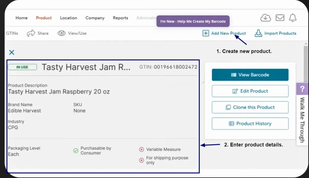 Product creation screen with barcode