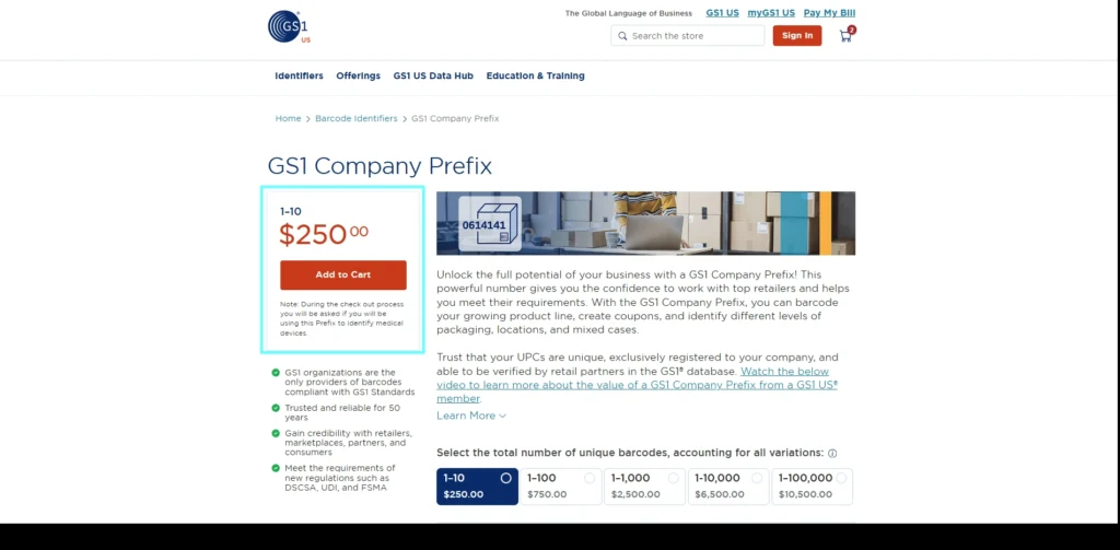 GS1 Company Prefix purchase page