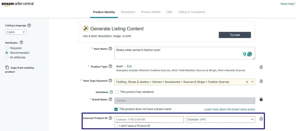 Amazon product listing details form