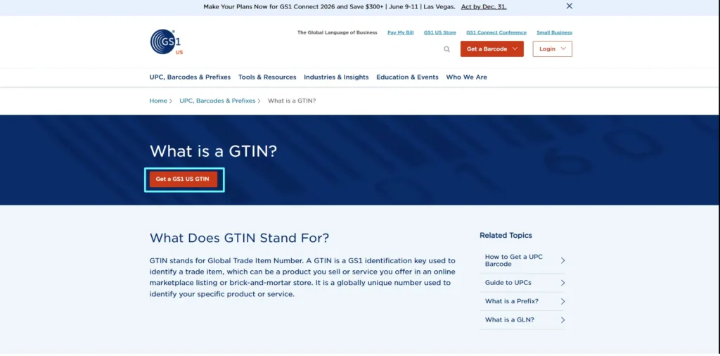 GTIN information webpage